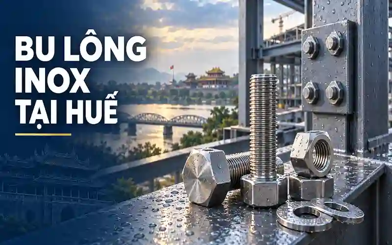 Bu lông inox tại Huế trên kết cấu thép chống chịu mưa ẩm, với cầu Trường Tiền và kiến trúc Huế ở phía sau.